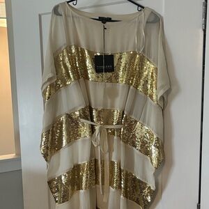 Naeem Khan Cream and Gold Sequin Kaftan Dress